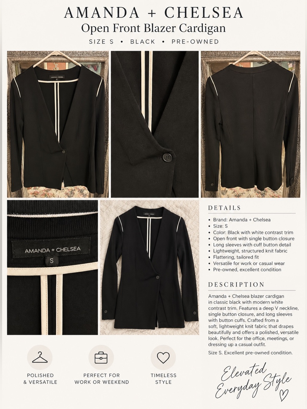 Amanda & Chelsea Black Blazer Cardigan with White Contrast Trim